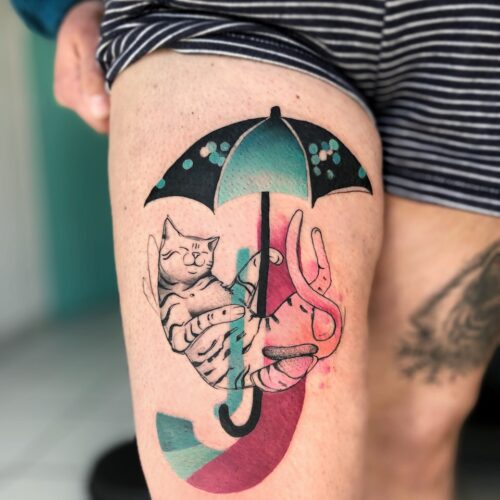 tatouage grenoble chat france parapluie tatoueuse couleur aquarelle croquis